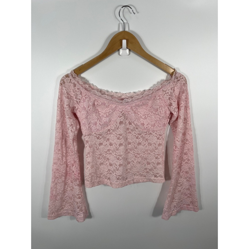 Womens Babydoll Top M Pink Lace Sheer Flare Sleeve Coquette Balletcore Feminine